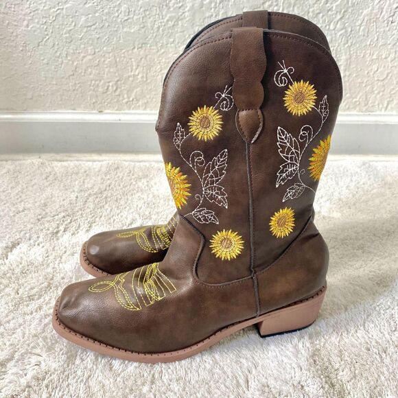 Nokio Iconic Flower Embroidered Brown Yellow Mid Calf Western Cowgirl Boots US 8 - Picture 4 of 8